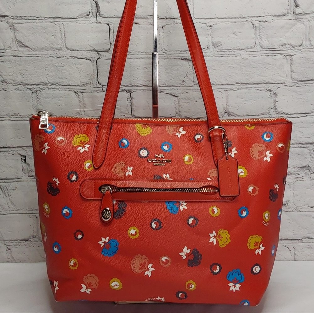 COACH 'FLORÀL~BÙD' DOUBLE STRAP TOTE BAG TURN-LOCK FRONT POCKET ROSEWÀTER RED